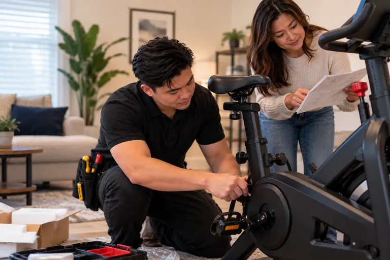 Franz helping a customer set up exercise equipment at home
