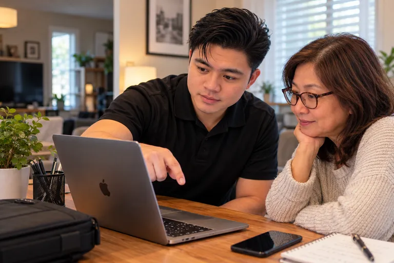Franz helping a customer with a laptop at home